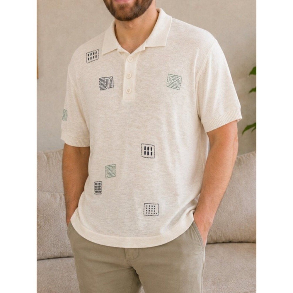 ZARA Knit Polo Shirt Large Cream Embroidered Geometric Textured Cotton Casual